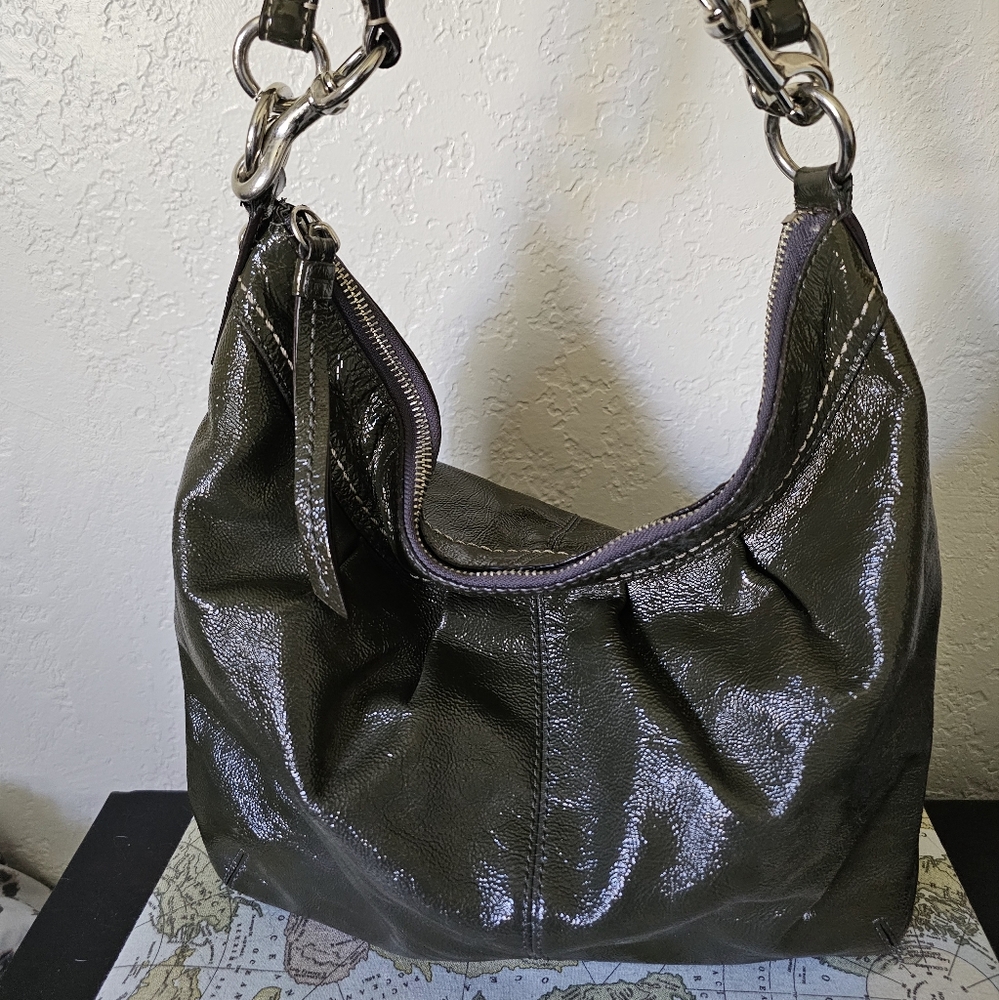 Coach army green shiny leather bag